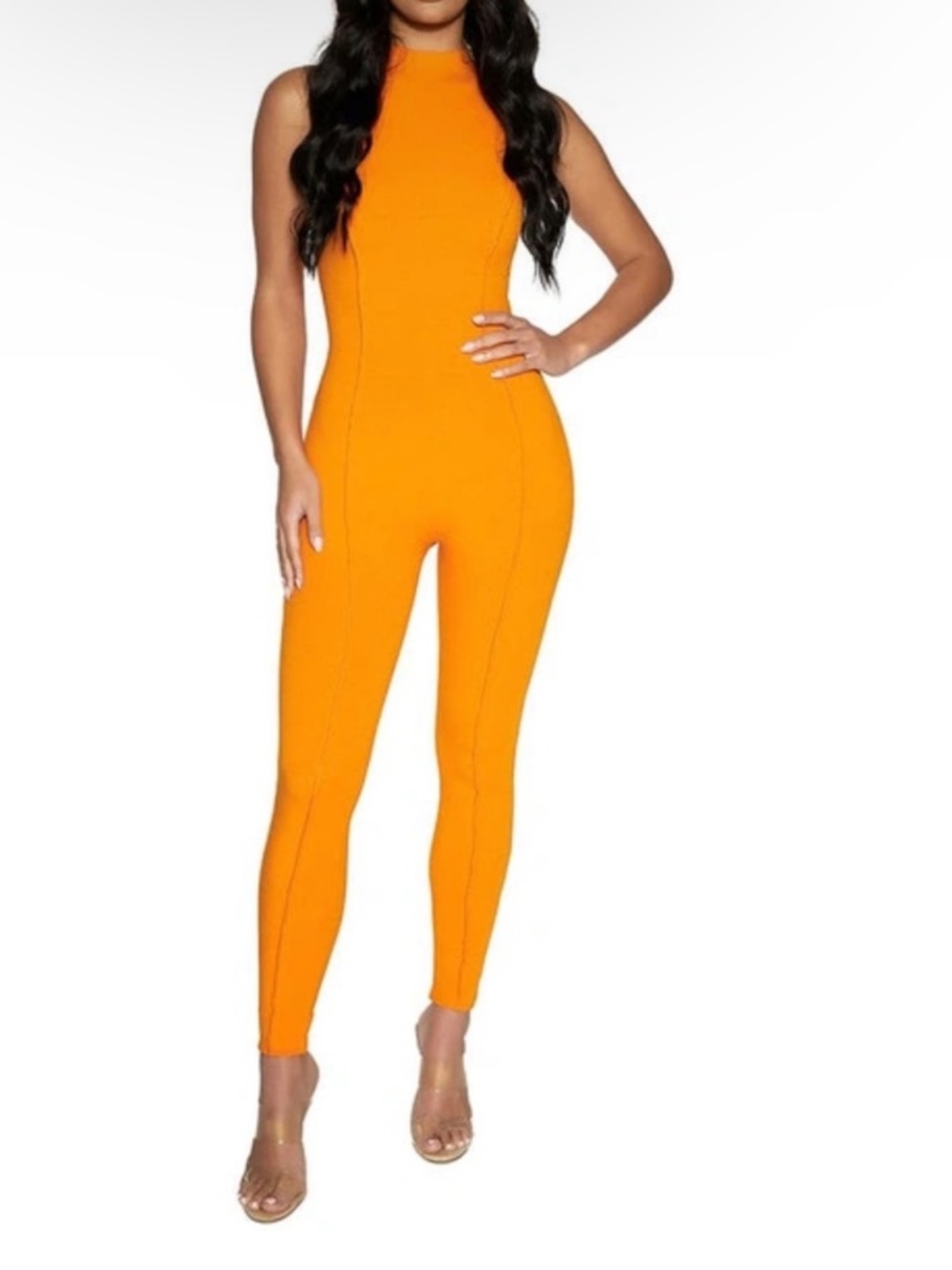 Naked Wardrobe Dcns Sleeveless Ribbed Orange Jumpsuit Size Large